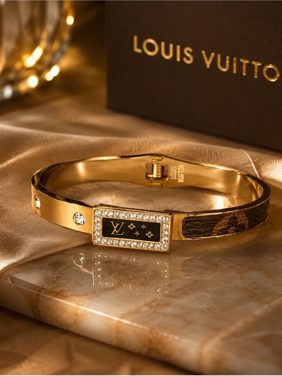 Fashion Jewelry Jewelry - 18K Gold and Brown LV Monogram Crystal-Trim Bangle Bracelet